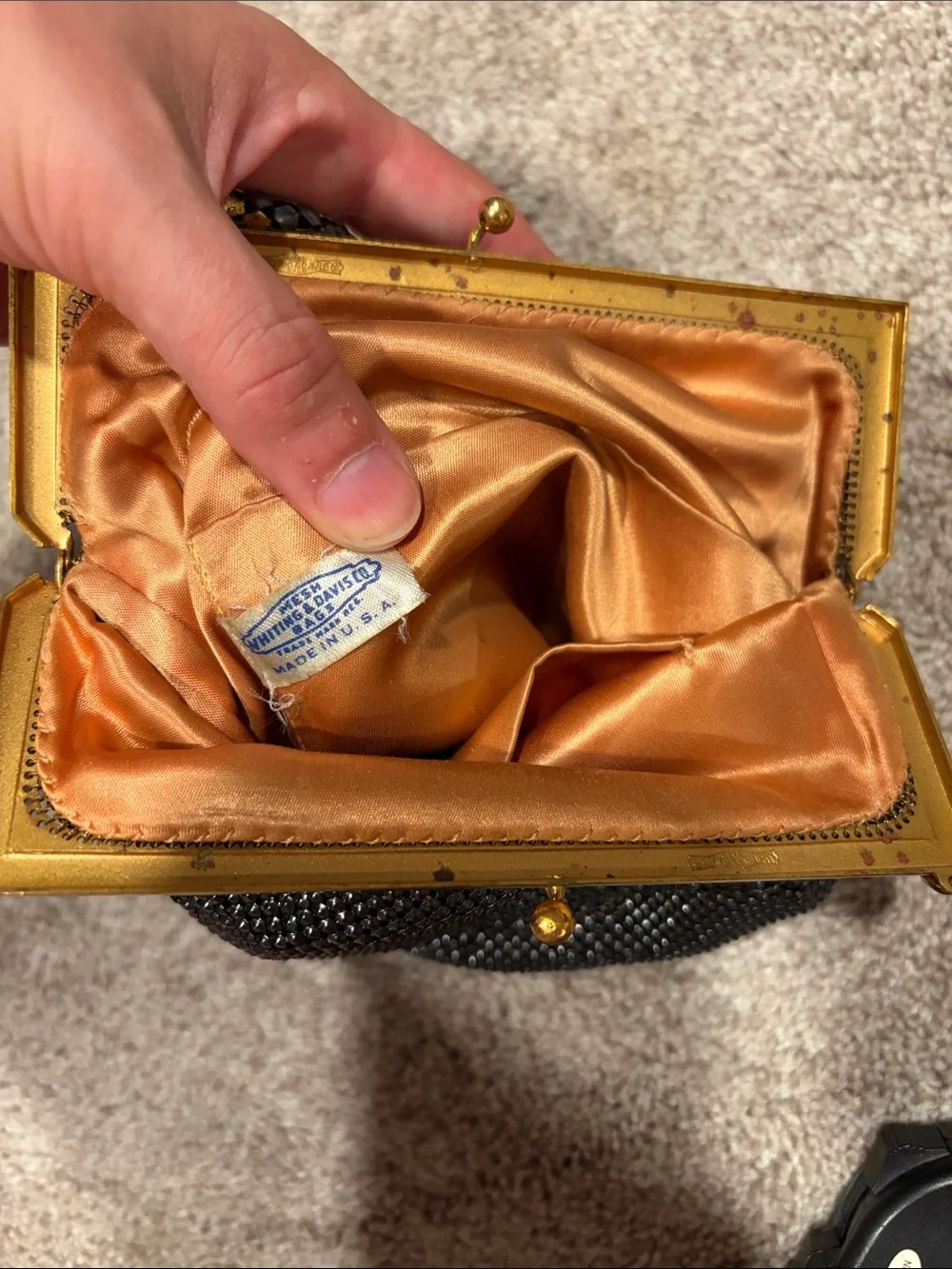 Vintage Whiting & Davis Metal Mesh Black Gold Evening Bag Copper Satin Lining